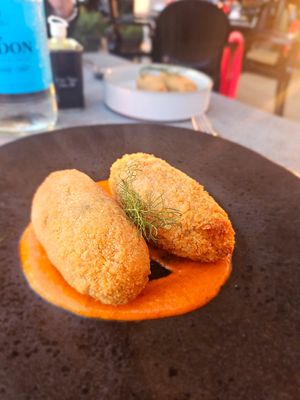 Red Rice Supplì (filling: rice, tomato sauce and tofu) at one80 in Mellieha