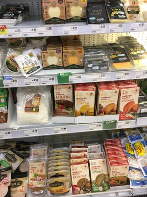 Vegan cheese and tofu burgers at Papantoniou Supermarket in Paphos