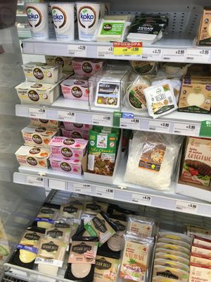 Vegan yogurts, cheeses, snacks at Papantoniou Supermarket in Paphos