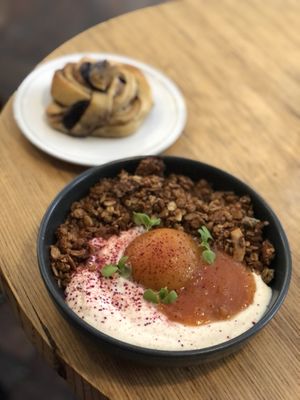 Granola bowl (tahini granola, soy yogurt, peach) 9,5€  at Grounded in Paris