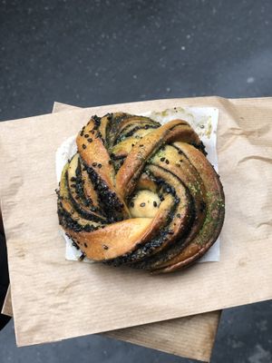 Black sesam matcha roll  at Grounded in Paris