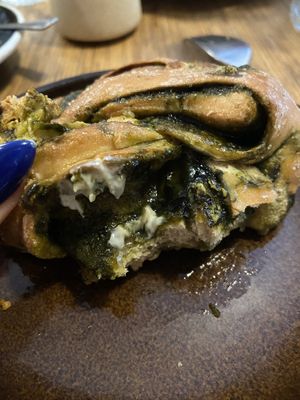 Matcha white chocolate bun inside   at Grounded in Paris