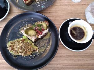 This is two halfs of two sandwiches as we shared. Taste really nice  but 10,50 bit to much. If you have problems with hard food it is hard to chew the hard toasted slices of bread. at Grounded in Paris