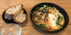 Tasty eggplant and rice with peanut sauce at Grounded in Paris