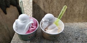 Yummy on a hot day. Lemon & cherry in one and banana & melon in the other at Ceotto in Halle Westfalen