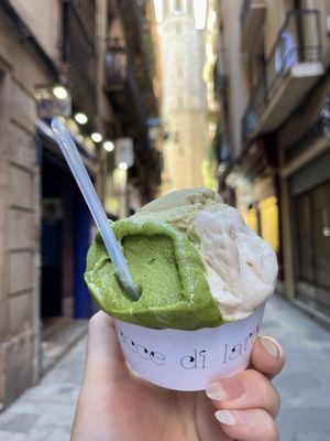 Matcha, Hazelnut and pistachio 😍  at Bellamia Gelateria Italiana in Barcelona