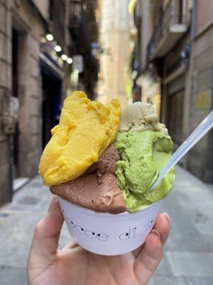 Vegan Chocolate, Mango, Pistachio and Matcha   at Bellamia Gelateria Italiana in Barcelona