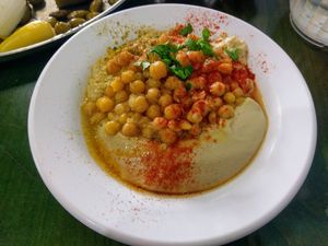 50% Masabaha 50% chickpeas hummus at Abu Adham in Tel Aviv