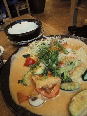 Vegan Tofu Curry Chay (tofu in red curry-coconut sauce) with jasmine rice at Viet Village in Leipzig