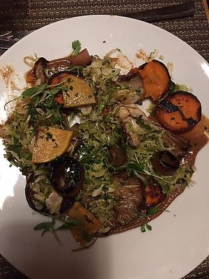 Savory mushroom, sweet potato, root vegetable, shaved Brussels sprouts concoction, minus a few bites at Mangalitsa in Woodstock