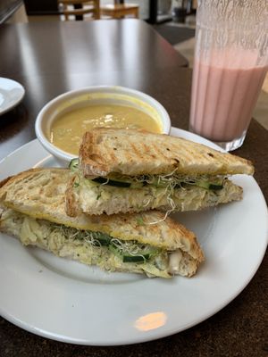 Avocado melt, lentil soup, quarantine smoothie, and eaten peanut butter cookie  at Broadfork Cafe - Uptown in Seattle