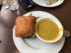 Cheeseburger and broccoli soup at Broadfork Cafe - Uptown in Seattle