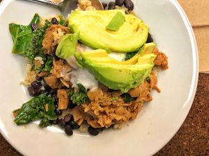 Jack fruit bowl subbing cabbage with smoked paprika kale at Broadfork Cafe - Uptown in Seattle