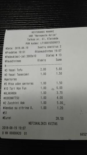 Prices in Euro at Manami in Klaipeda