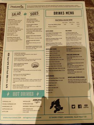 Sides, desserts and drinks at Peatzeria in Islay