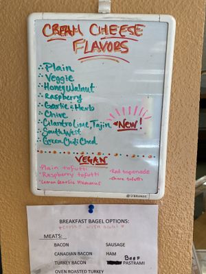 Vegan cream cheese options on bottom at Biff's Bagels in Flagstaff