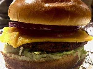 Chickpea patty burger YASSSSSSS -also with beer even better 🤤   at Stand-Up Burgers in Berkeley