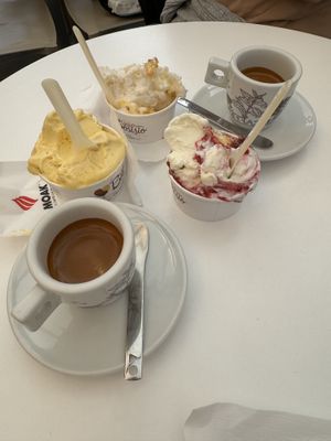 Two vegan ice creams (almond and pompia - similar to a lemon) and a non-vegan cheesecake ice cream   at Gelateria Bosisio in Sassari
