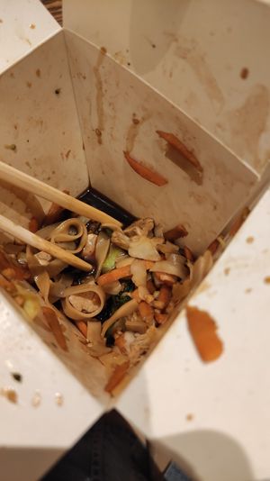 Pad thai, eggless. Almost finished, the box was full! at Wok Republic in Belgrade