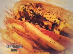 San Bernardo Dog
Delicious Tofú Sausage, vegan or Veggie cheese, mushrooms and onion,  at Beach Dog in San Jose Del Cabo