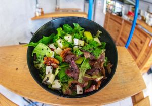 Beach Dog Salad
Mixed Lettuce, arúgula, apple, goat cheese or vegan cheese, and pecan nuts with house vienagear dressing at Beach Dog in San Jose Del Cabo