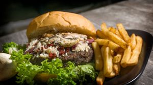 Bulldog Burger
Black vean Burger, mushrooms, soy chorizo, caramelized onion

 at Beach Dog in San Jose Del Cabo