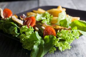 Fitness Dog
Tofu Sausage, cherrie tomatoes, mushrooms, vegan cheese on lettuce leaf at Beach Dog in San Jose Del Cabo