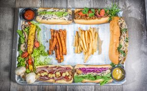 All our vegan hot dogs, french fries, sweet potato fries at Beach Dog in San Jose Del Cabo