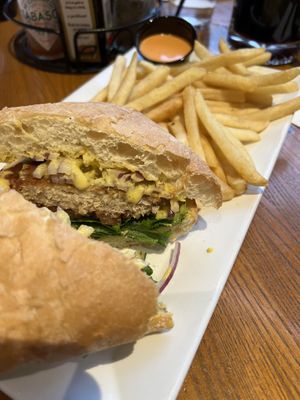 Agave mustard chick’n burger with a side of siracha sauce.  at Bob's Burgers and Brew in Marysville
