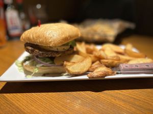 Oasis burger with Jojo’s (wedges)  at Bob's Burgers and Brew in Marysville