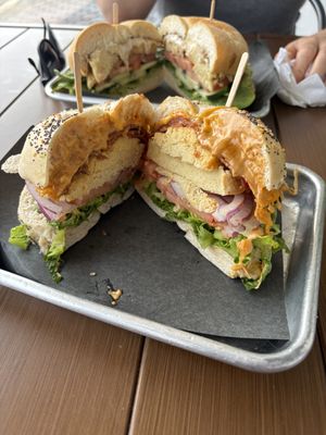 Vegan chicken club sandwich on a bagel SO GOOD  at Empire Bagels in Brewster