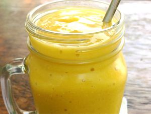 Mango, banana, coconut and pili cashew butter smoothie  at Green Guru in Canggu