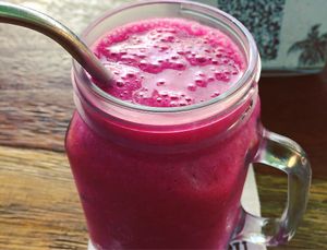 Dragon fruit, strawberry, raspberry, banana and coconut nectar smoothie  at Green Guru in Canggu