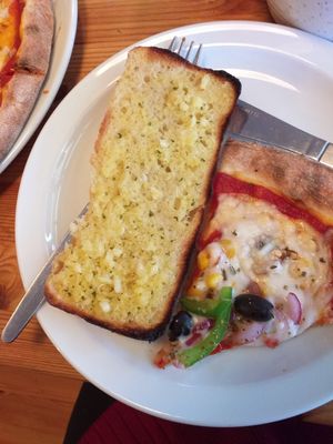 Garlic bread - one half! Forgot to photograph the whole thing at Isis Pizzeria in Barmouth
