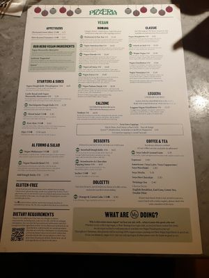 The only menu available (all vegan!!) at Pizza Express - Aldwych in London