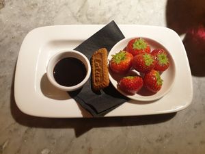 Strawberries and chocolate dipping sauce at Pizza Express - Aldwych in London