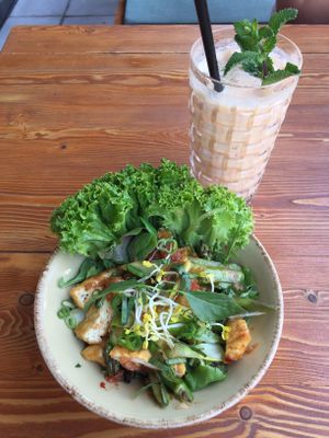 tofu and energizing smoothie with seeet potato and coconut  at Vietal Kitchen in Stuttgart