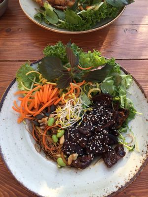 whole grain rice pasta, smoky seitan, veggies at Vietal Kitchen in Stuttgart
