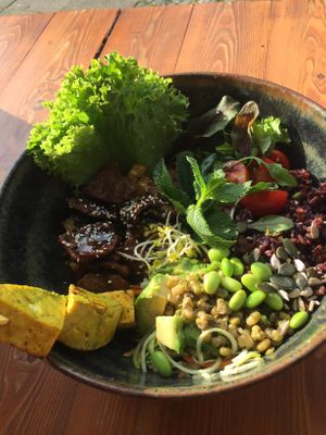 XXL Surf & Turf Bowl (19,90€) with two different kinds of Seitan, red rice, Avocado, asparagus, seeds, veggies  at Vietal Kitchen in Stuttgart