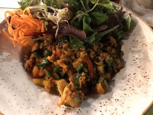 Soy meat with courgette and eggplant stir fryed 😋 (comes with black rice !! Finally an Asian restaurant without white rice!!)  at Vietal Kitchen in Stuttgart