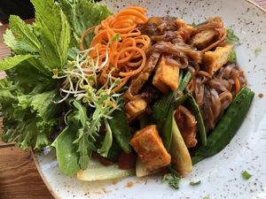 rice noodles with a lot of veggies, tempeh, tofu and seitan  at Vietal Kitchen in Stuttgart
