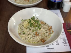 Mushroom risotto with vegan parmesan - The Isles Inn, Portree, Isle of Skye  at The Isles Inn in Isle Of Skye