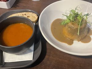 Tomato soup (daily special starter) and vegan haggis (starter)   at The Isles Inn in Isle Of Skye