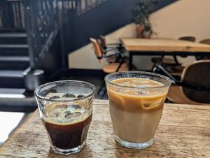 Iced oat latte and double espresso at The Greens in Berlin