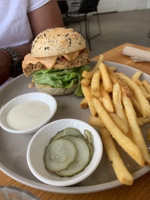 Fried “chicken” burger, fantastic  at Cafe Vie Sunshine Coast in Buderim