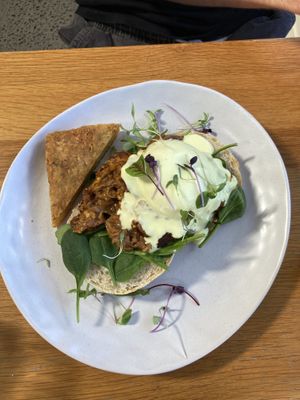 The Ribless (braised beef and poached egg on egoism muffin + an extr rosti) at Cafe Vie Sunshine Coast in Buderim