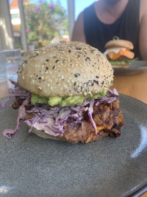 “Hey Gringo” house braised brisket with slaw, refried beans ans avo. By far the best burger EVER!  at Cafe Vie Sunshine Coast in Buderim