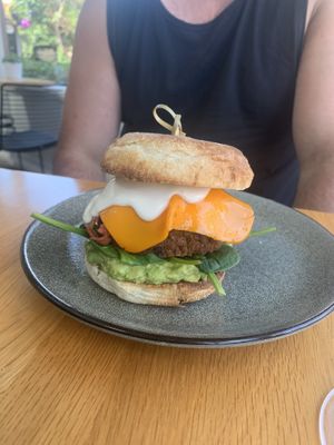 Breakfast muffin with sausage, fakon, vegg (egg) avo and spinach  at Cafe Vie Sunshine Coast in Buderim
