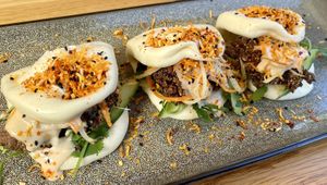 “The Asian Dons” Crispy house Korean chycken boas, don katsu mayo, cucumber, pickled papaya and carrot and Asian herbs. My quick photos don’t do these any justice!  at Cafe Vie Sunshine Coast in Buderim