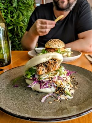 Prawn Bao and Soul burger at the back. at Cafe Vie Sunshine Coast in Buderim